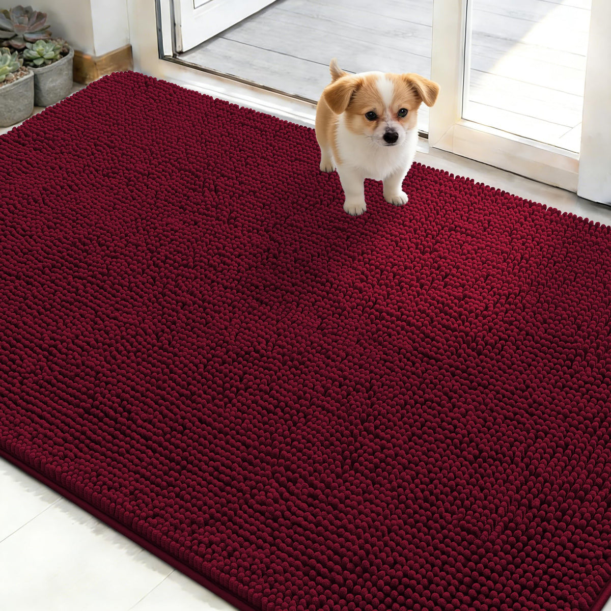 OLANLY burgundy chenille dog door mat soaks moisture at the entry