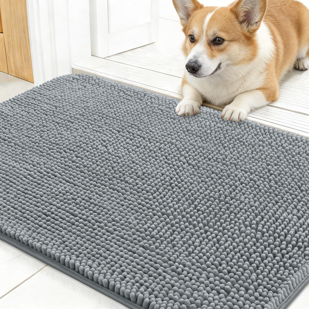 OLANLY dog door mat with chenille texture traps mud from paws.