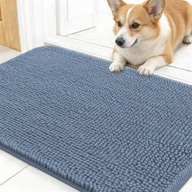 OLANLY dog door mat ready at entry with muddy paw prints, showing 24x16 size and use case