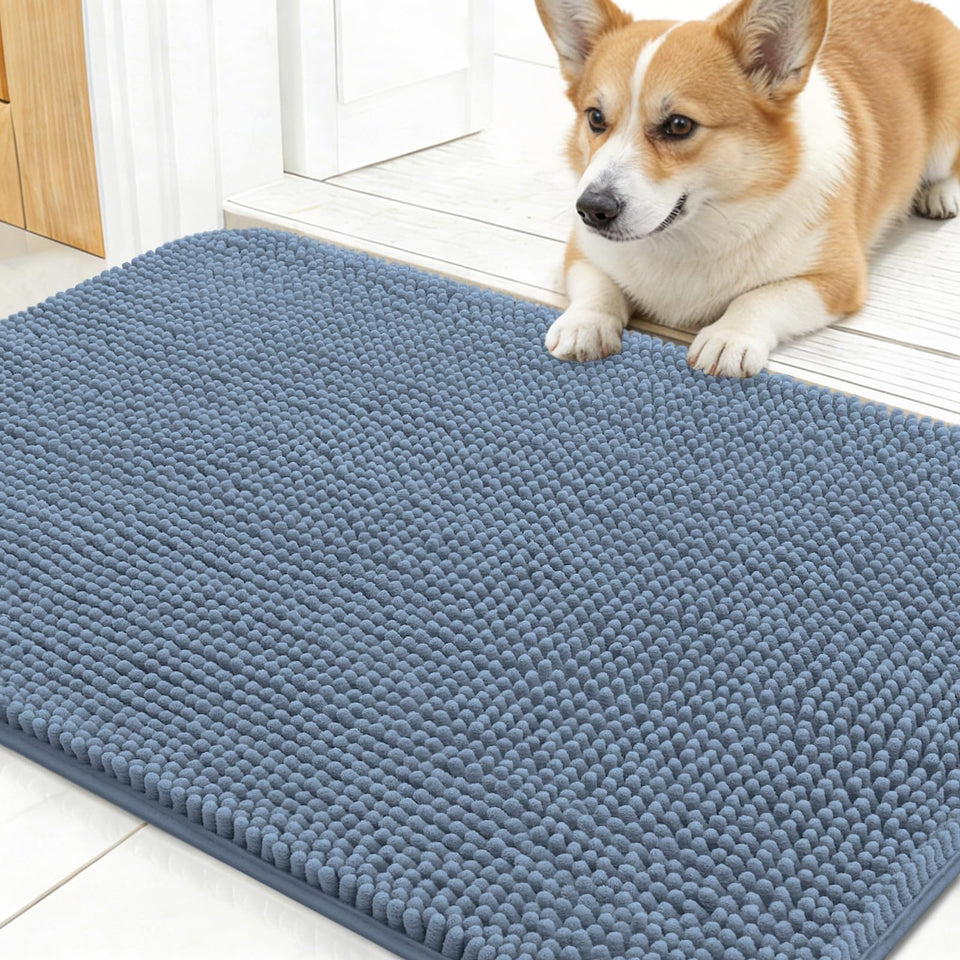 OLANLY dog door mat ready at entry with muddy paw prints, showing 24x16 size and use case