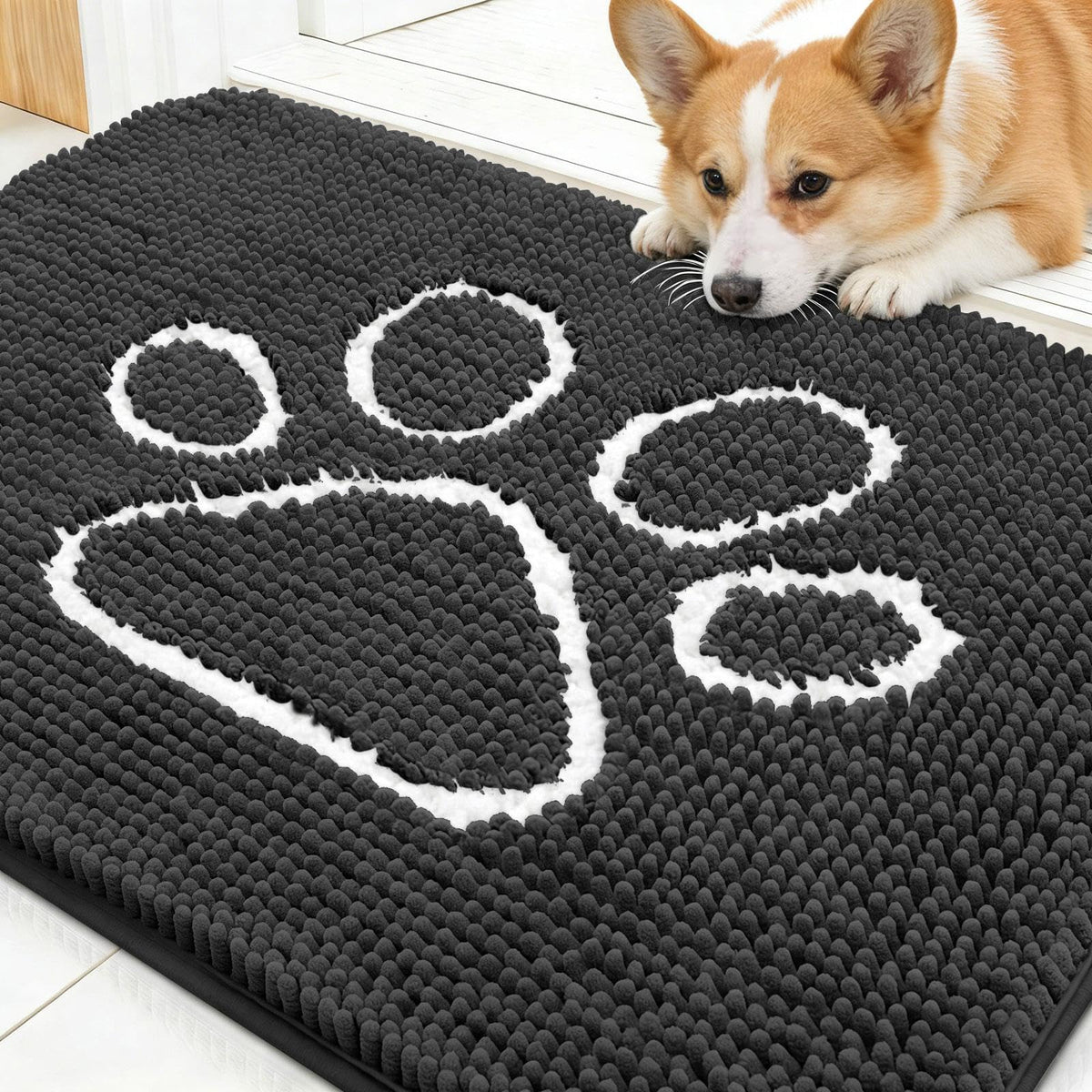 OLANLY dog door mat with muddy paws design for entryways and moisture absorption.