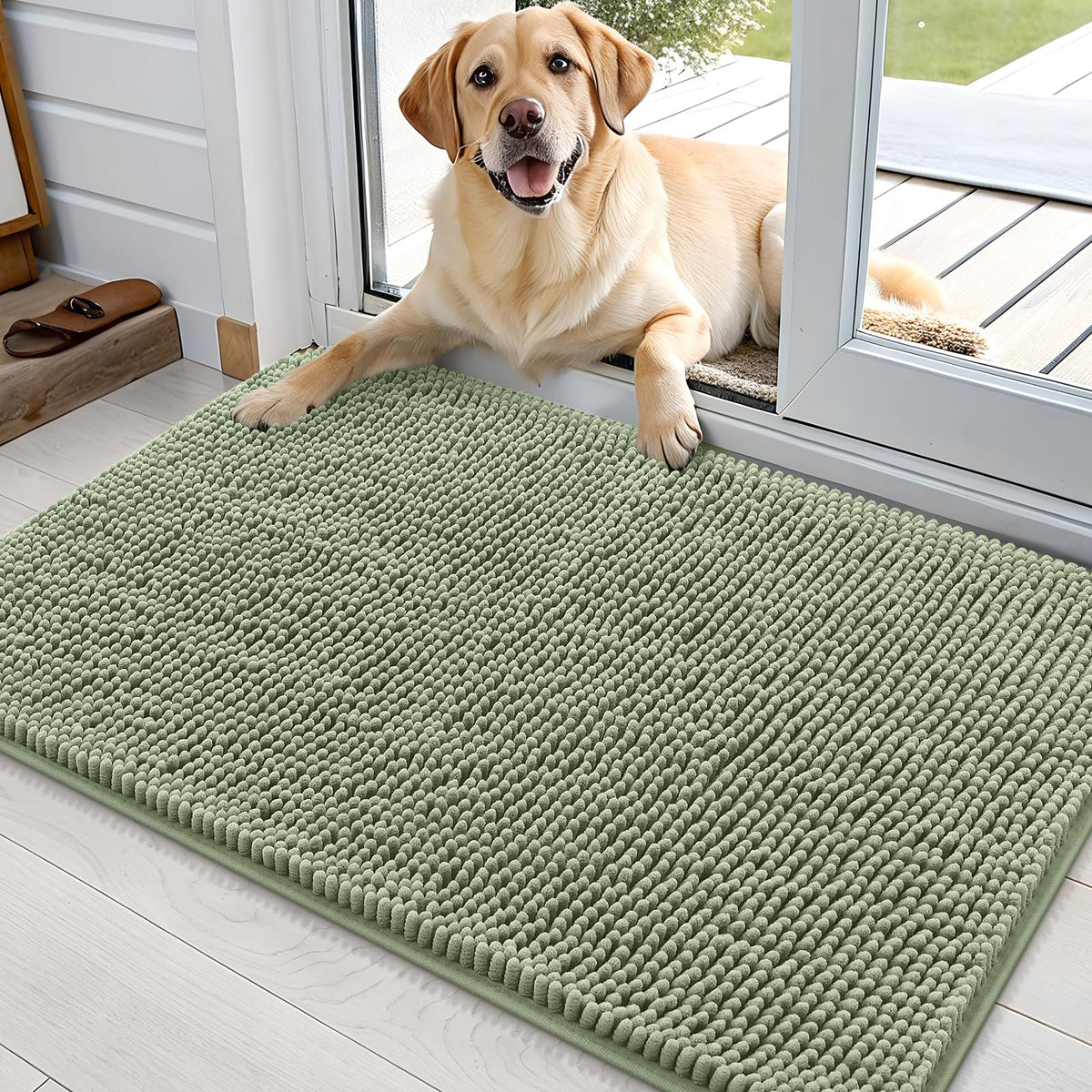 OLANLY dog door mat for muddy paws captures moisture at the entry to keep floors clean.