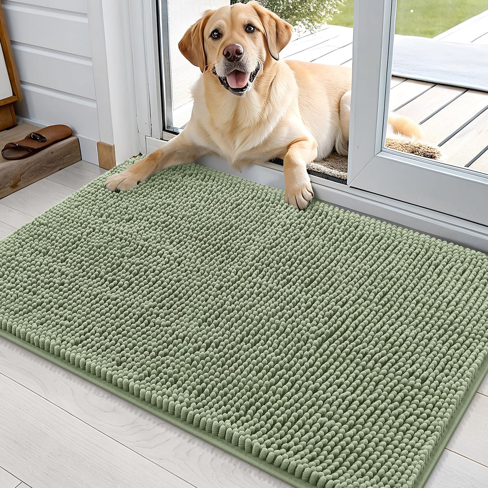 OLANLY dog door mat for muddy paws captures moisture at the entry to keep floors clean.