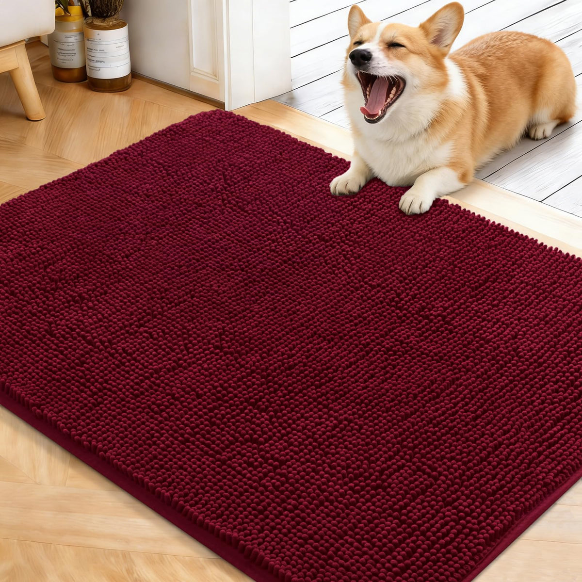 OLANLY dog door mat with muddy paws in burgundy helps keep entry clean by absorbing moisture