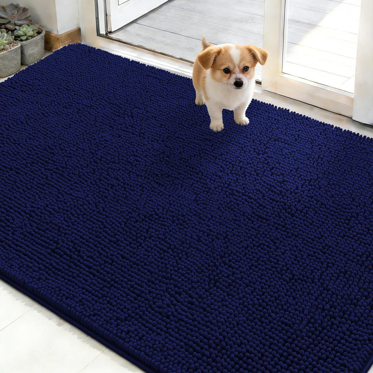 OLANLY dog door mat shows muddy paws at the entry, traps dirt.