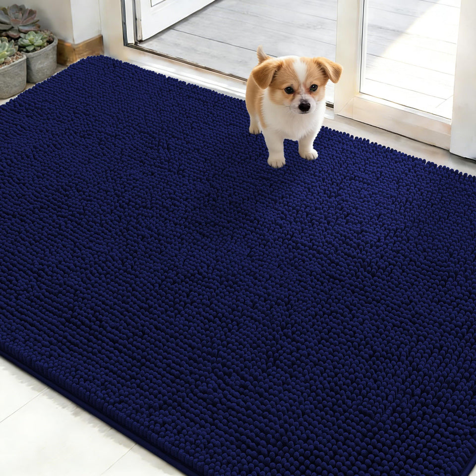 OLANLY dog door mat shows muddy paws at the entry, traps dirt.