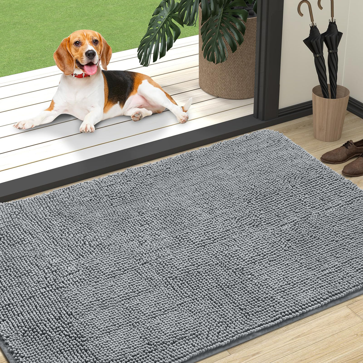 OLANLY dog door mat for muddy paws absorbs moisture to protect floors.
