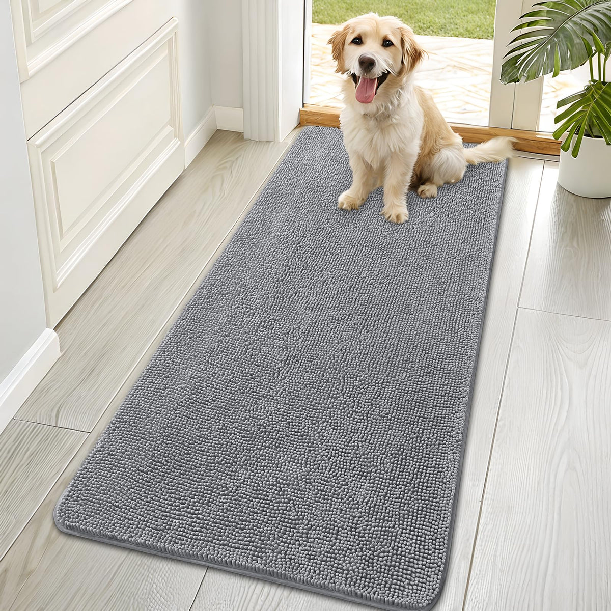 OLANLY dog door mat with muddy paws absorbs moisture and dirt at the entry.