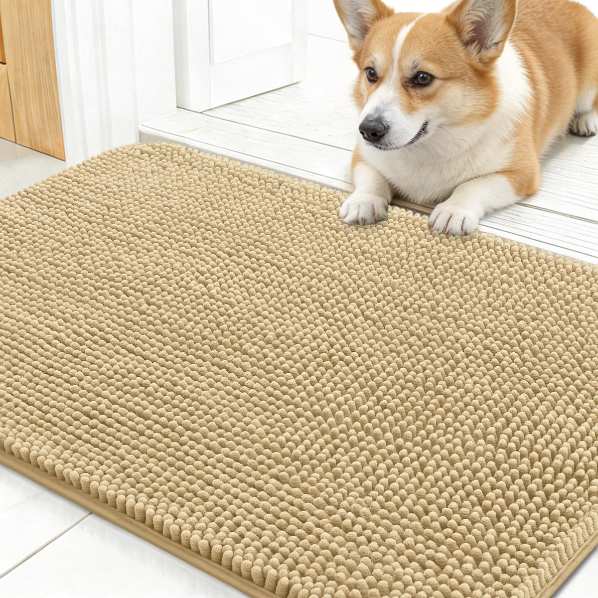 OLANLY dog door mat on beige floor absorbing muddy paw dirt.