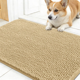 OLANLY dog door mat on beige floor absorbing muddy paw dirt.