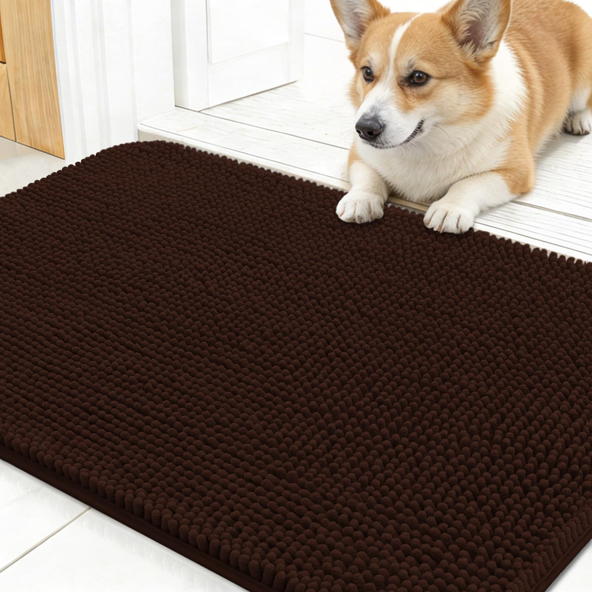 OLANLY dog door mat close-up of chenille pile for soft, premium comfort.