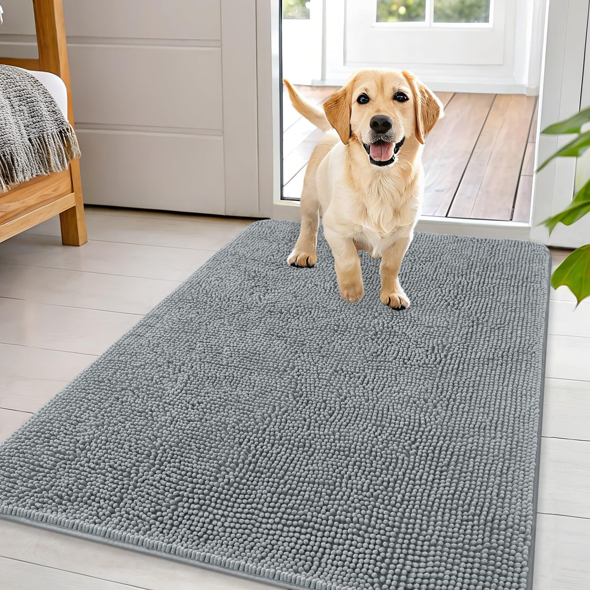 OLANLY dog door mat muddy paws closeup showing plush chenille for comfort.