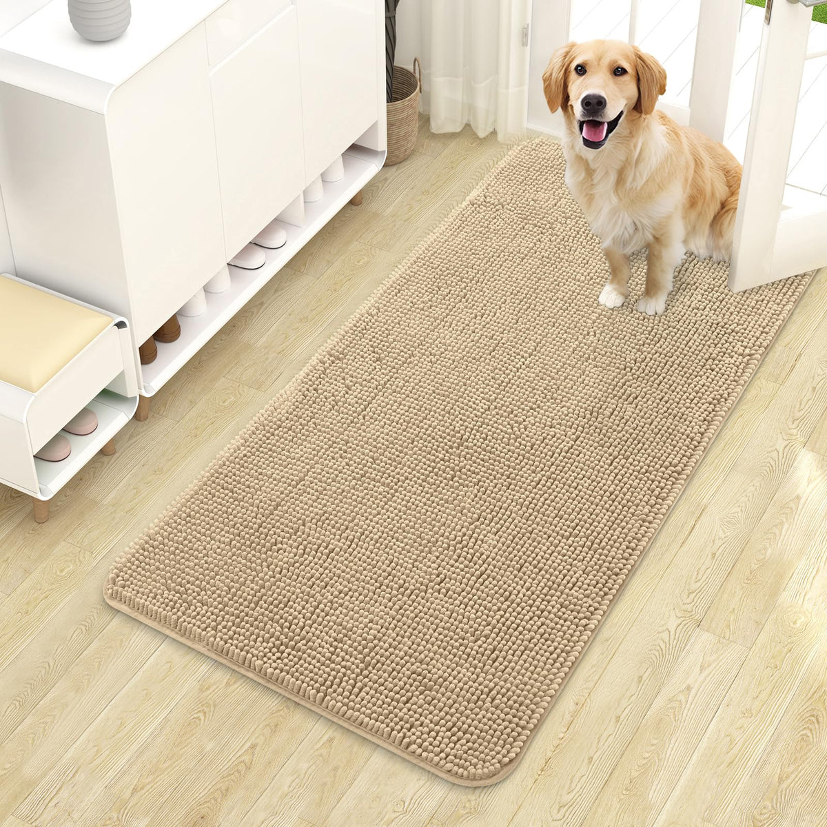 OLANLY dog door mat shows muddy paws and moisture absorption at the entry