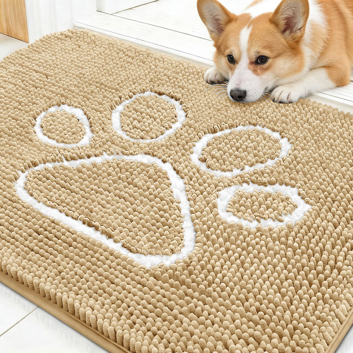 OLANLY dog door mat with paw print design absorbs moisture at entryway