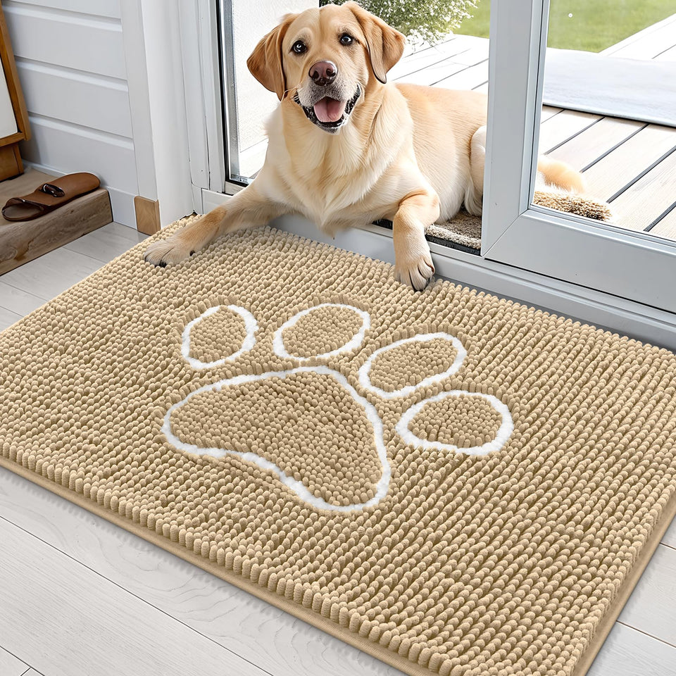 OLANLY dog door mat with paw print design traps dirt at the entry.