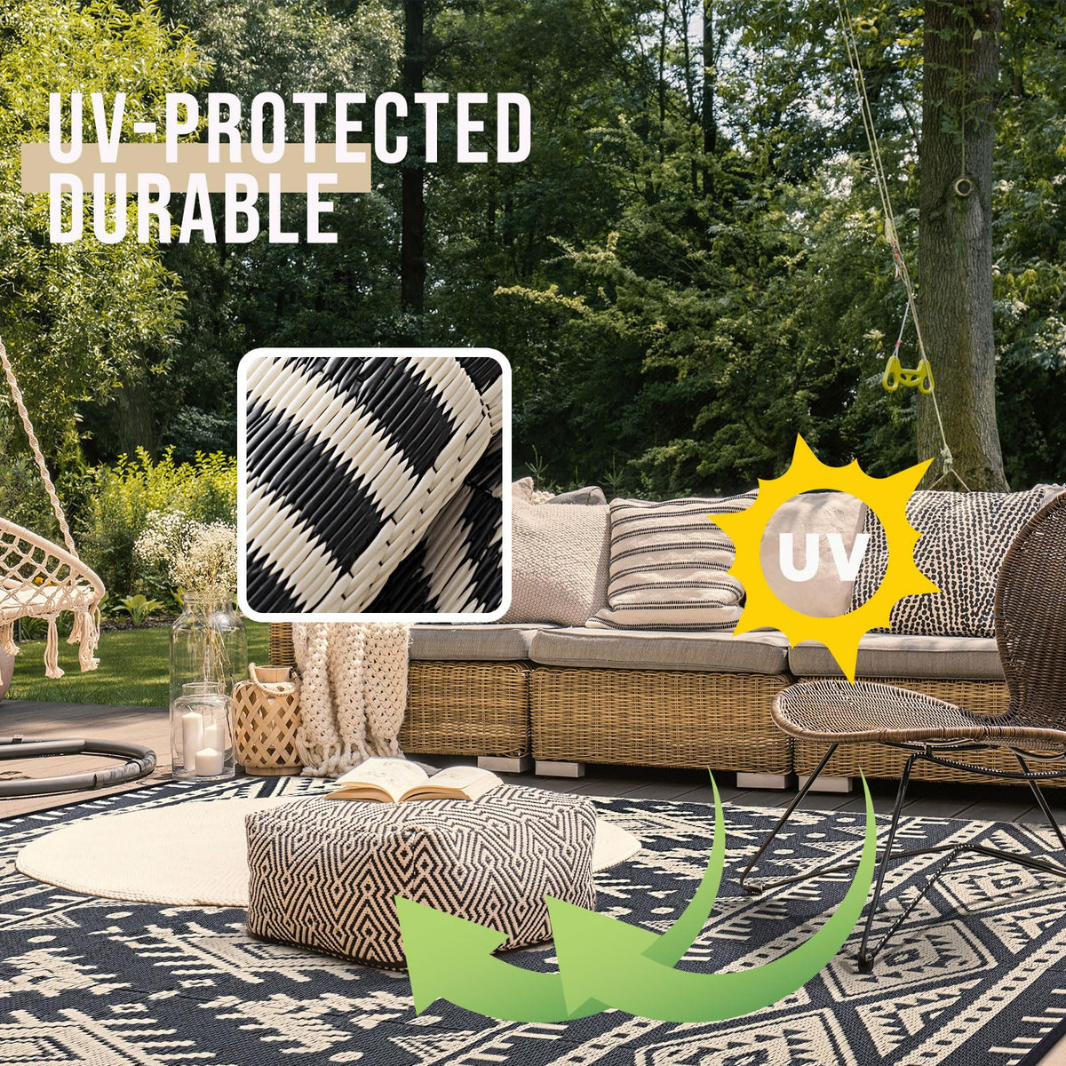OLANLY foldable patio rug with carry bag for easy transport.
