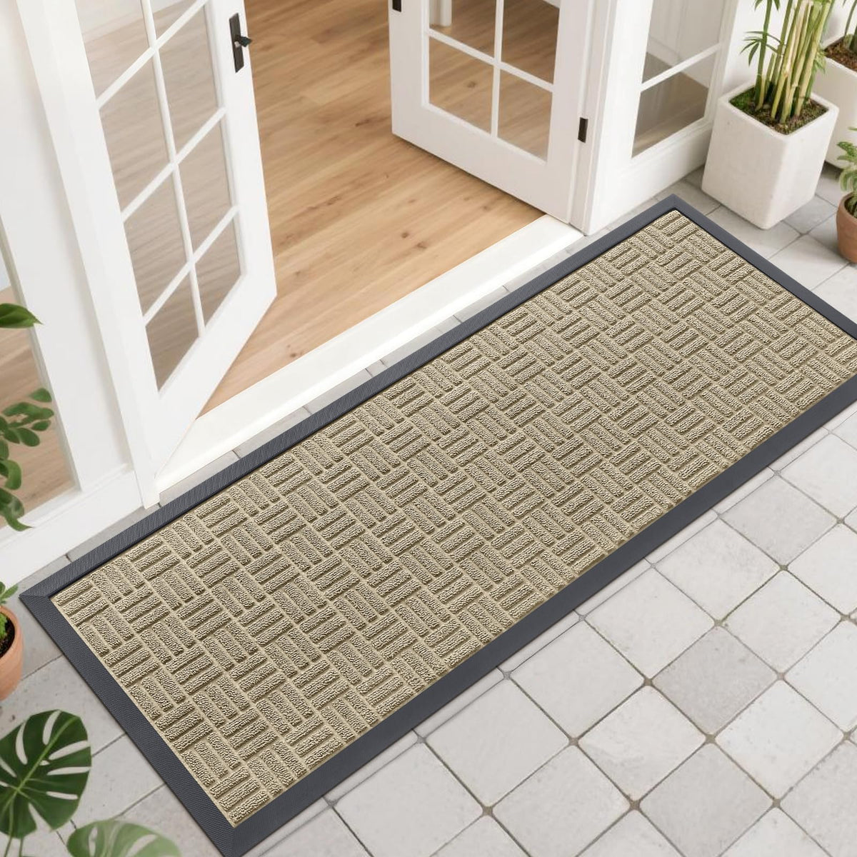 OLANLY front door mat absorbent beige surface traps dirt.