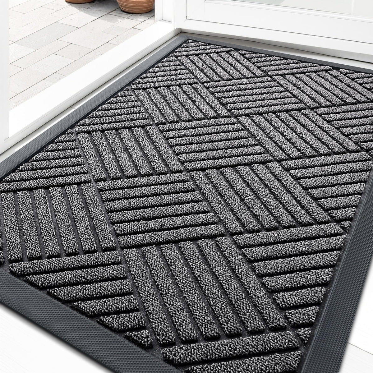 OLANLY front door mat in grey diamond pattern for stylish entryways and durable protection.