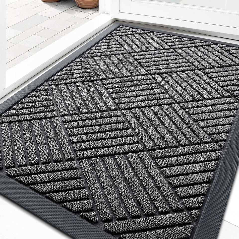 OLANLY front door mat in grey diamond pattern for stylish entryways and durable protection.