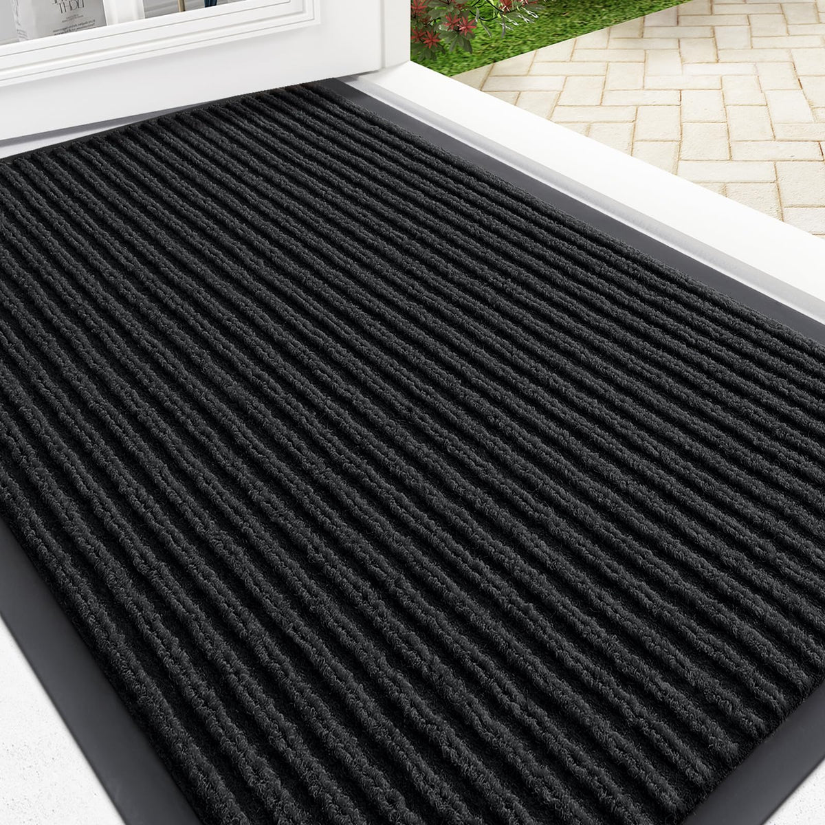 OLANLY front door mat in black for indoor/outdoor use, ideal for moisture control at entry.