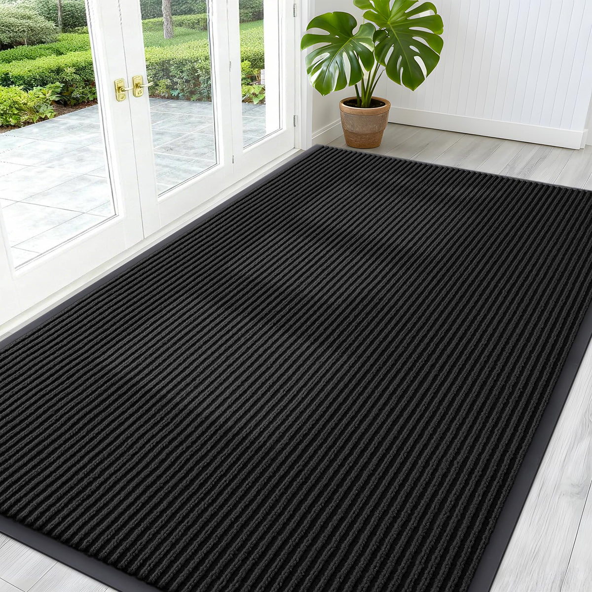 OLANLY front door mat with stripe design traps dirt at entry and keeps floors clean.