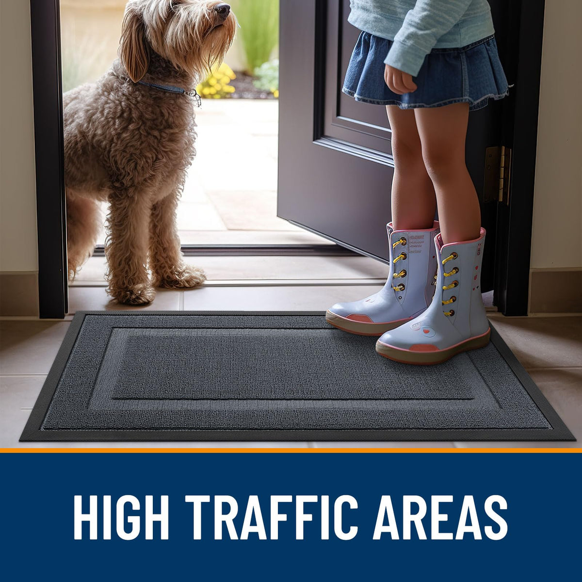 OLANLY Front Door Mat 29.5x17 inches traps mud at the threshold.