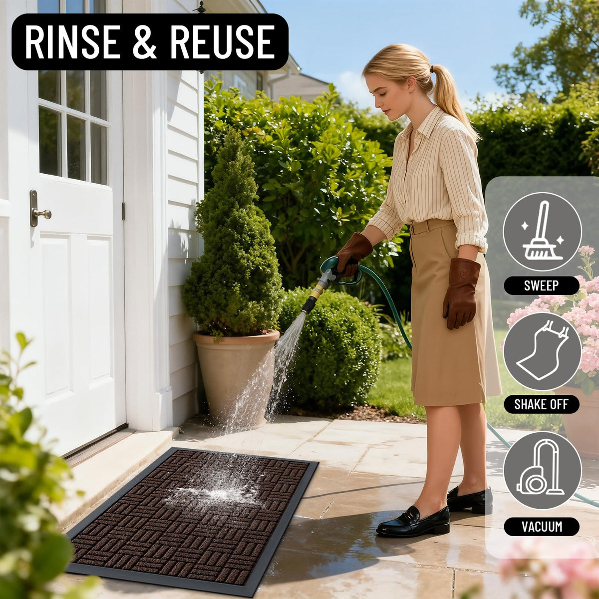OLANLY indoor-outdoor use mat suits foyers, patios, and garages.