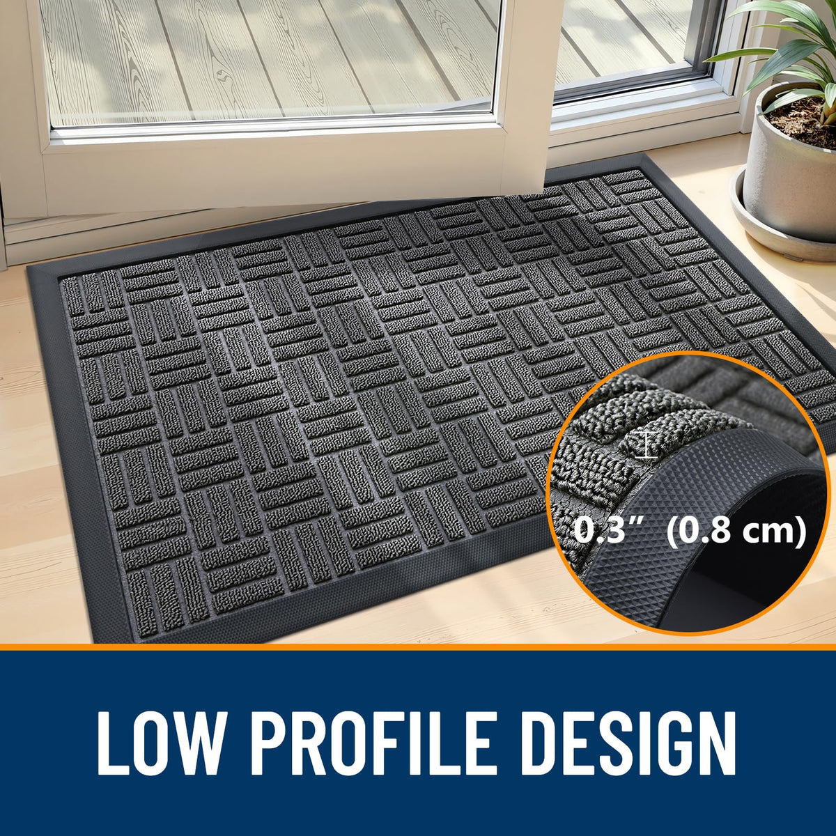 OLANLY front door mat low-profile design fits under doors without snagging.