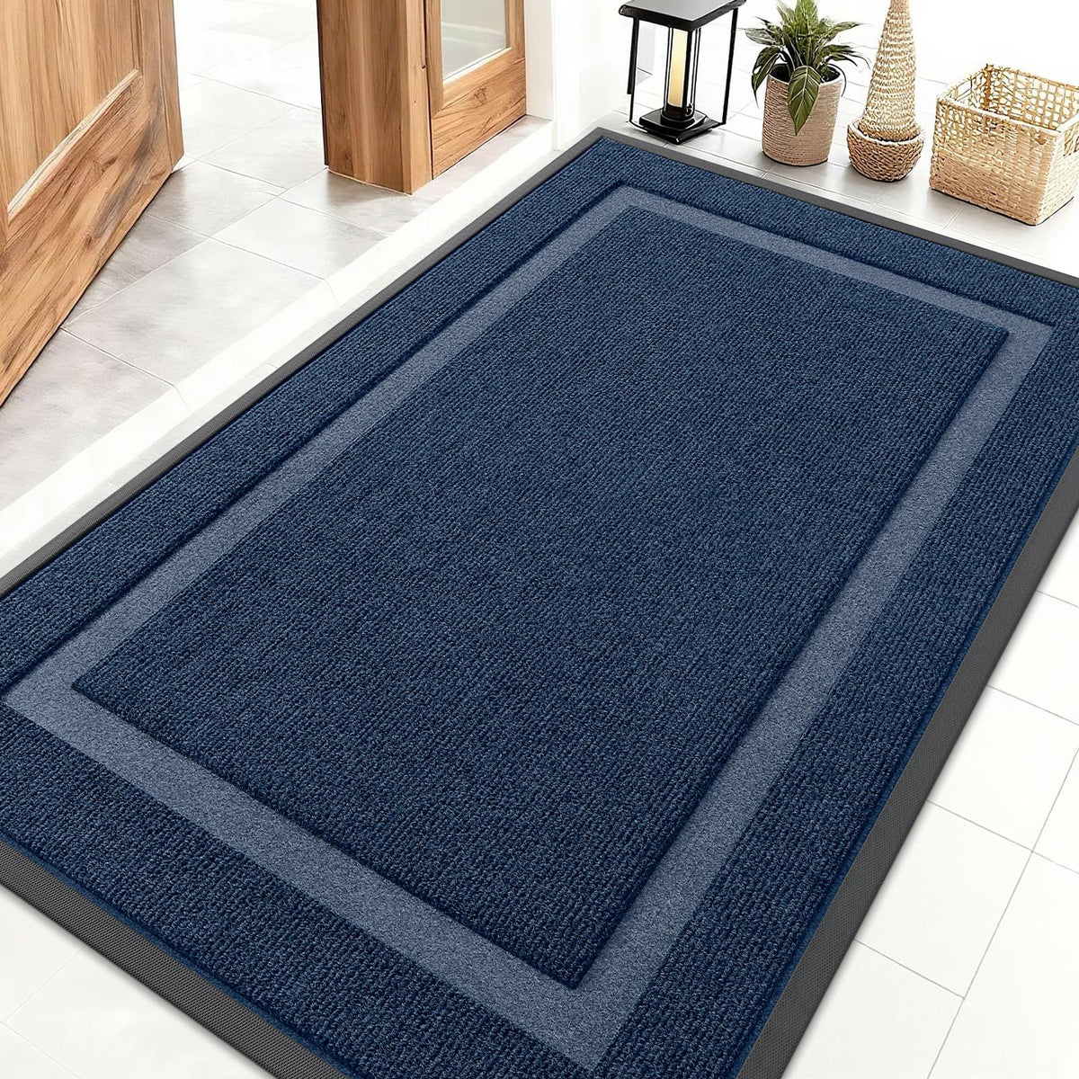 OLANLY front door mat in blue for indoor/outdoor use, keeps dirt outside.