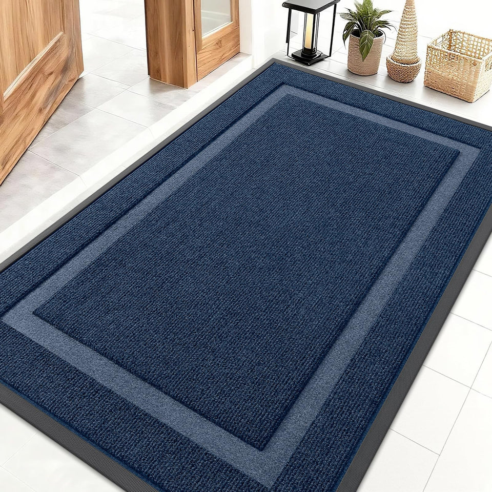 OLANLY front door mat in blue for indoor/outdoor use, keeps dirt outside.