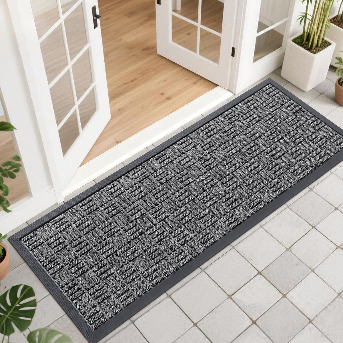 OLANLY front door mat outdoors at the entrance traps dirt and moisture for a cleaner threshold.