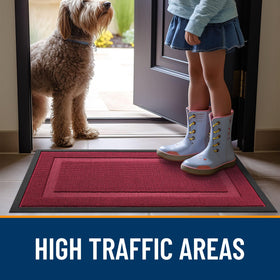 OLANLY burgundy front door mat boosts porch appeal year-round.