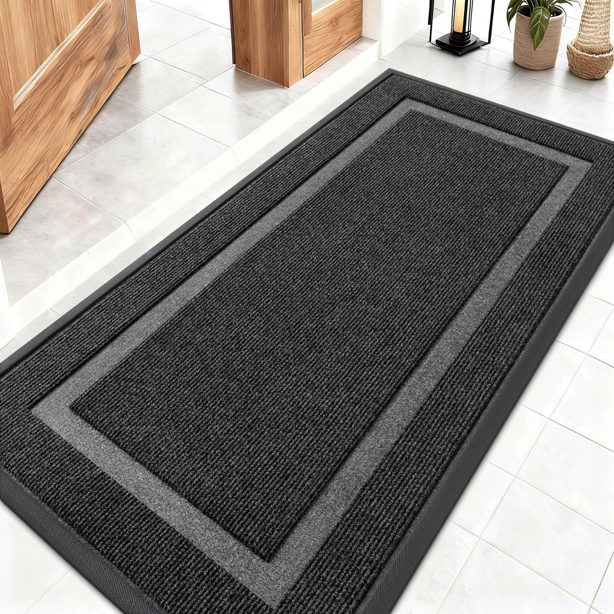 OLANLY front door mat in black, waterproof all-season for indoor and outdoor entry.