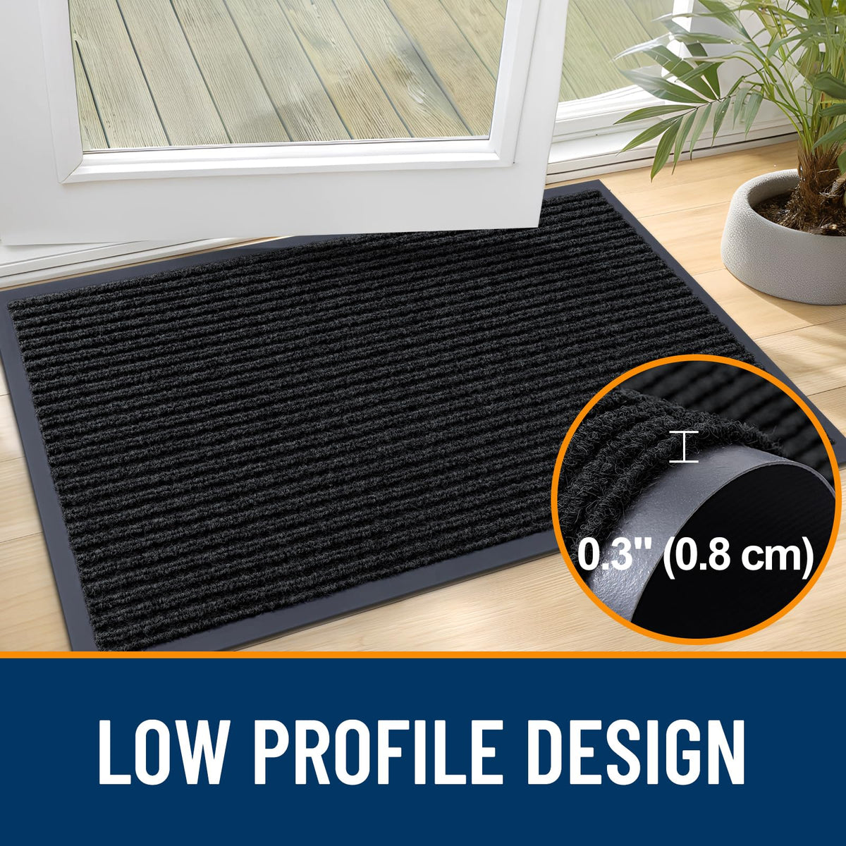 OLANLY low-profile mat fits under doors while collecting dust.