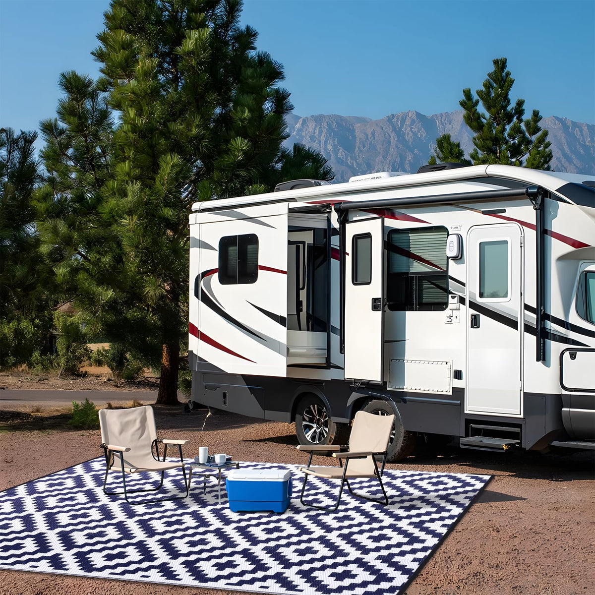 OLANLY navy and white outdoor rug for RV and camping setups