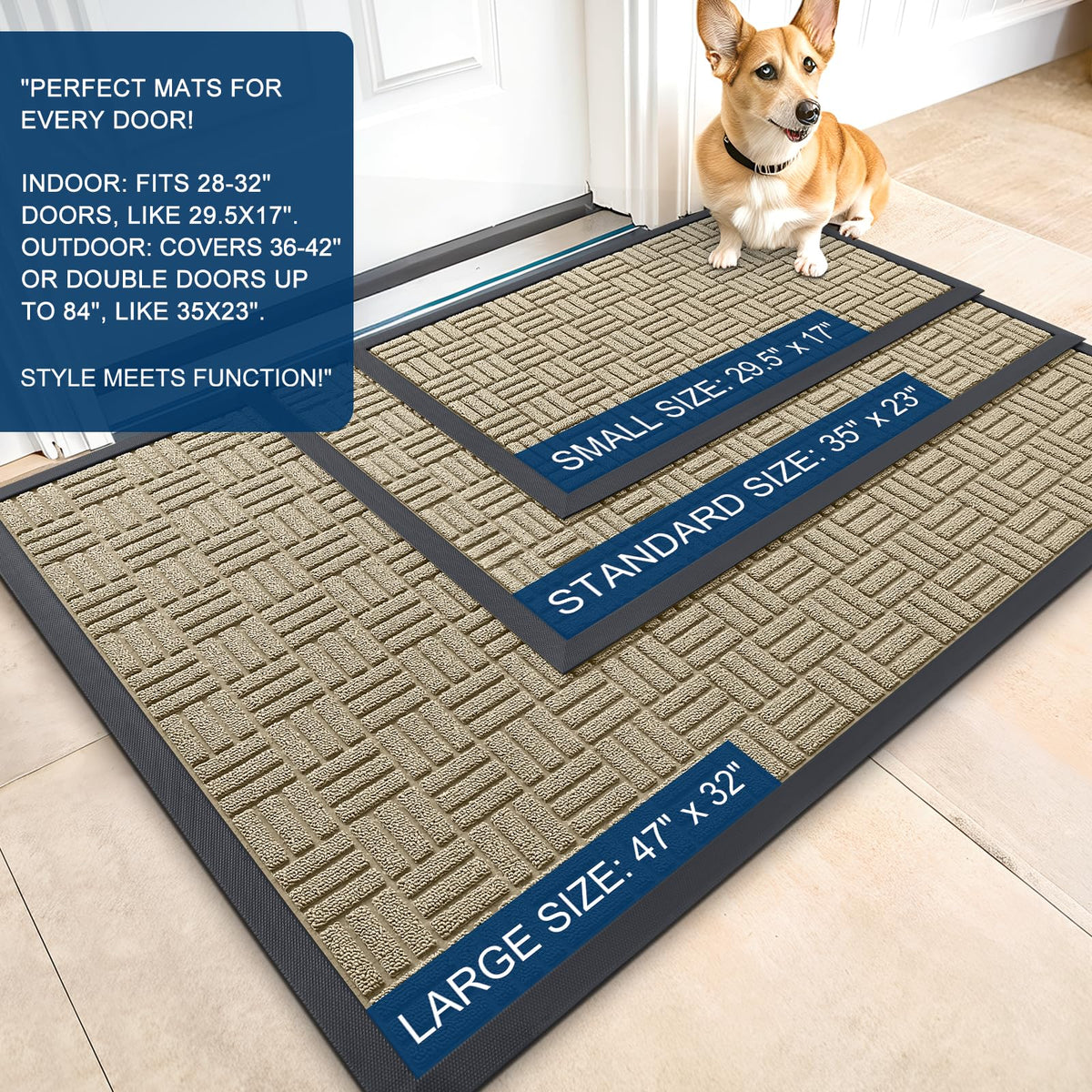 OLANLY outdoor-indoor doormat with sturdy rubber backing provides non-slip grip.