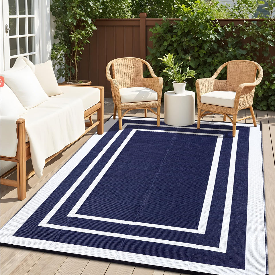 OLANLY outdoor rug 8x10 navy and white reversible design for patios and balconies.
