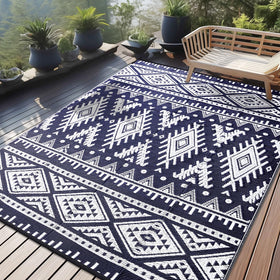 OLANLY outdoor rug 8x10 navy and white for patios and decks, durable and weather-ready.