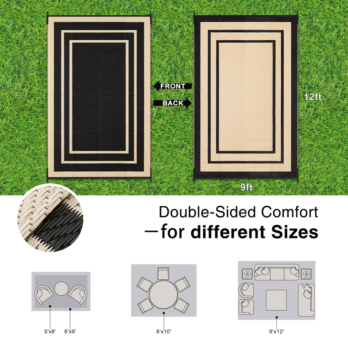 OLANLY Outdoor Rug 9x12 reverse side view, doubles as two surfaces
