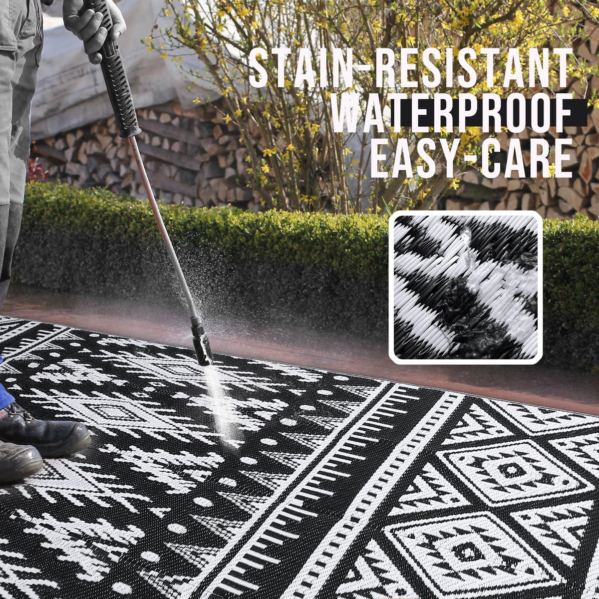 OLANLY reversible boho-pattern rug with two styles for outdoor use