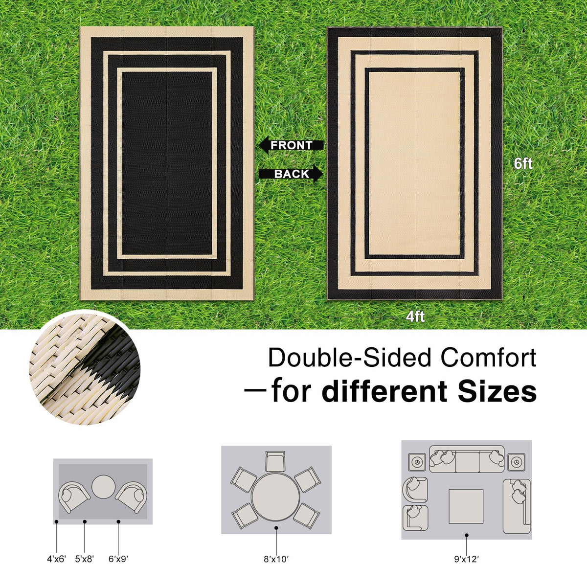 OLANLY reversible outdoor rug enhances patios with flexible color options.