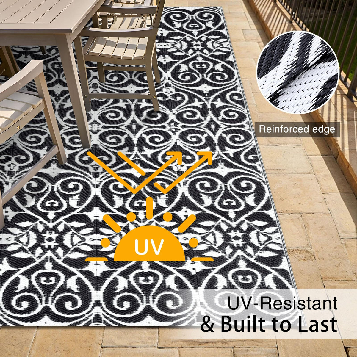 OLANLY outdoor rug showing stain resistance and easy-clean surface.