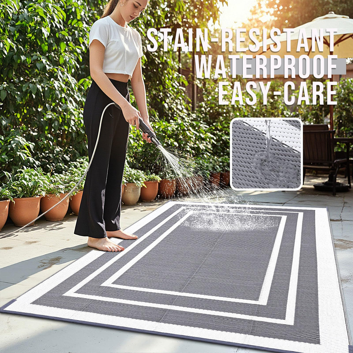 OLANLY outdoor rug stain-resistant and easy to clean for spills
