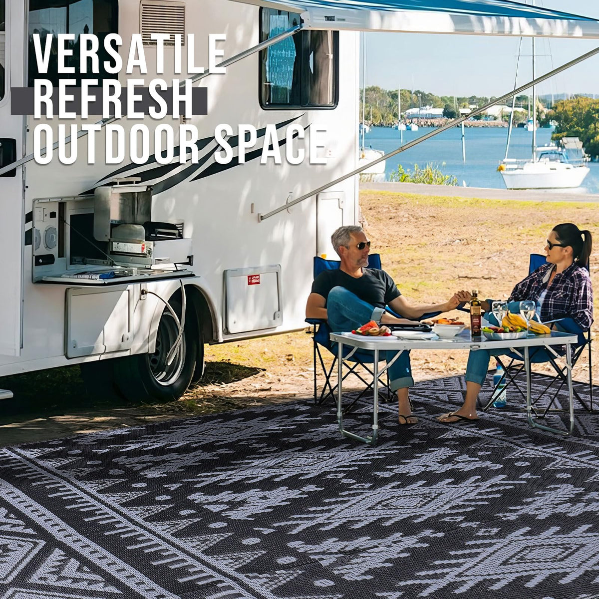 OLANLY rug laid on patio illustrating durable, UV-protected design