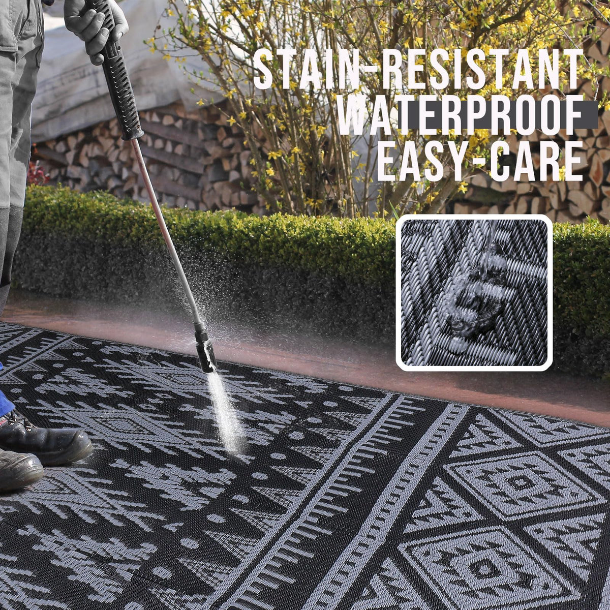 OLANLY rug showing reversible geometry sides for versatile outdoor decor