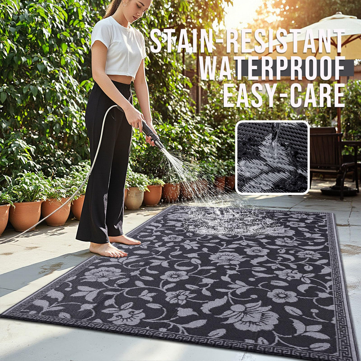 OLANLY outdoor rug resists spills and dries quickly after rain