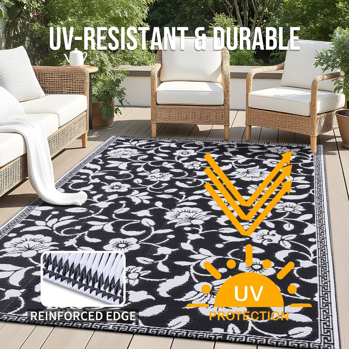 OLANLY lightweight outdoor rug ideal for decks and balconies.