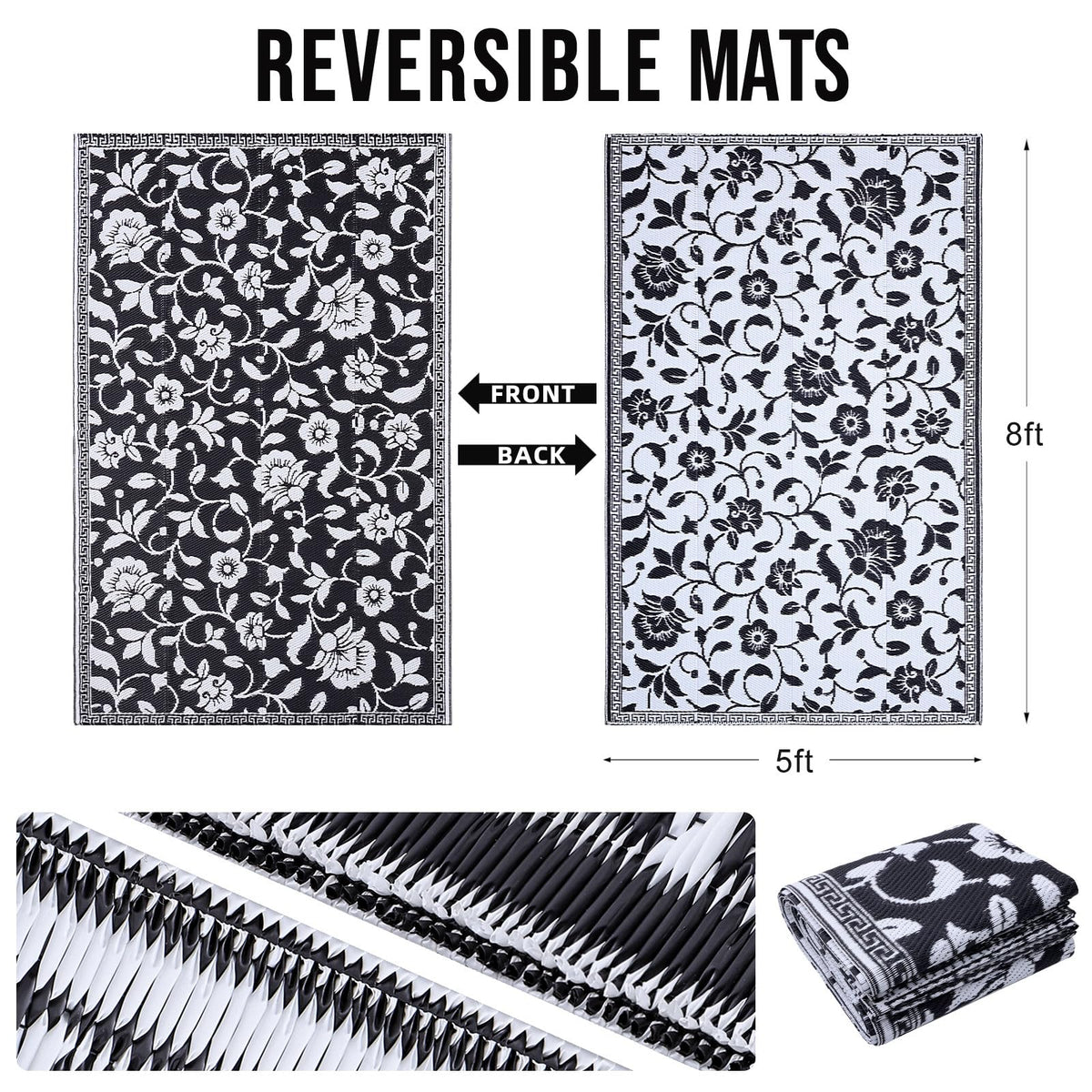 OLANLY reversible floral pattern rug offers dual-color styling for versatile outdoor spaces.