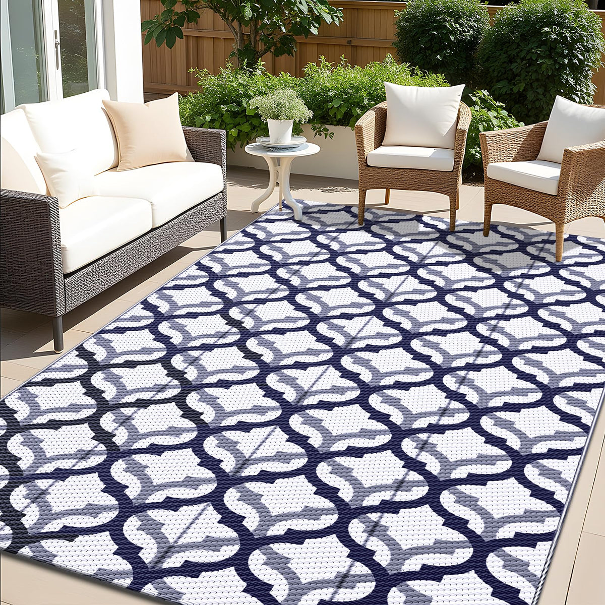 OLANLY reversible outdoor rug in navy and white offers dual textures for quick decor refresh.