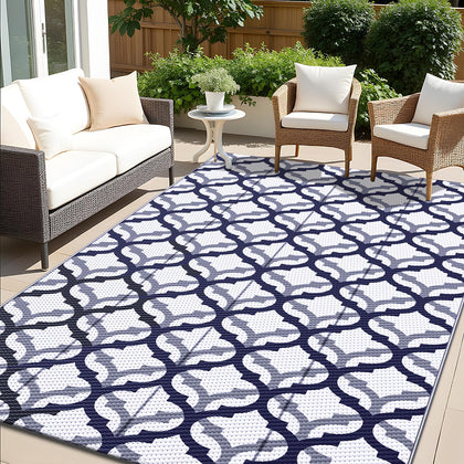OLANLY reversible outdoor rug in navy and white offers dual textures for quick decor refresh.